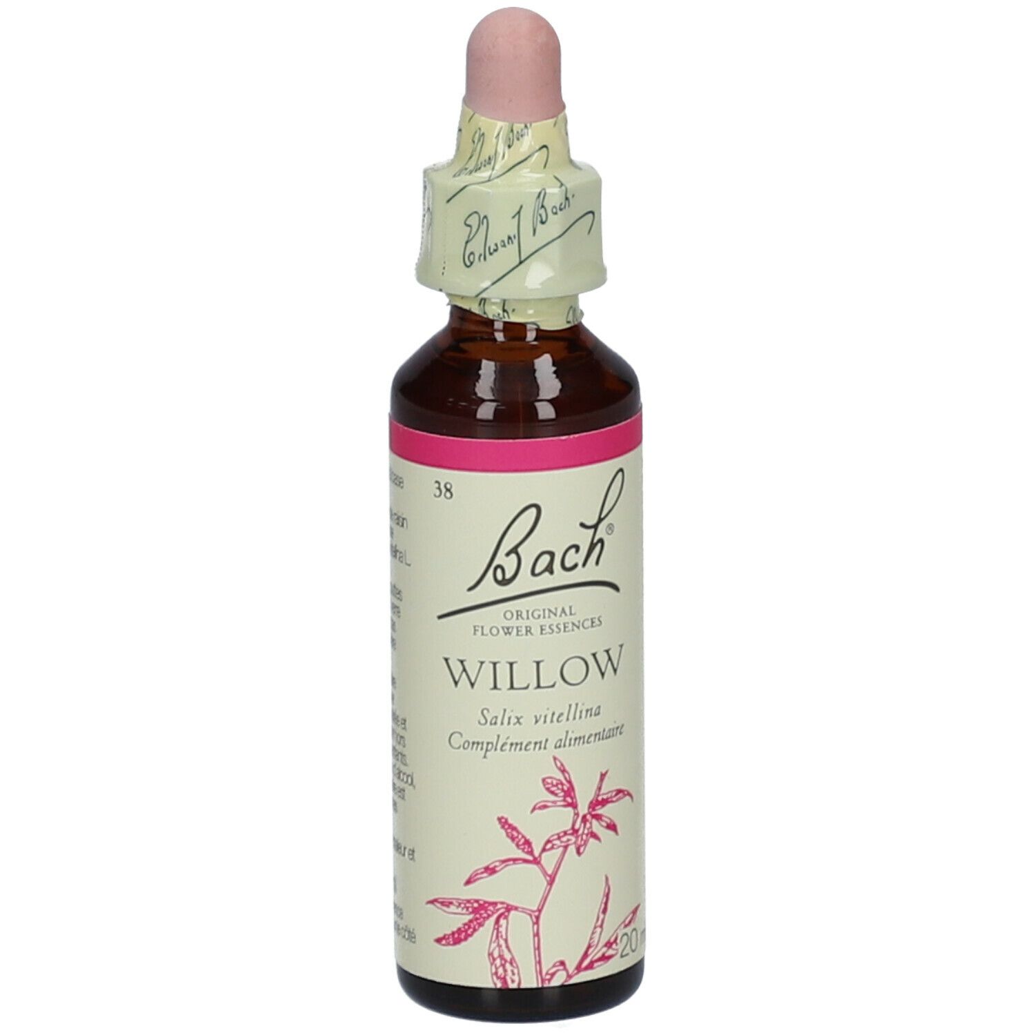 Braune Glasflasche mit rosa Etikett und Pipette. Rückseite mit Text. Bach Original Flower Essences Willow. 20ml.