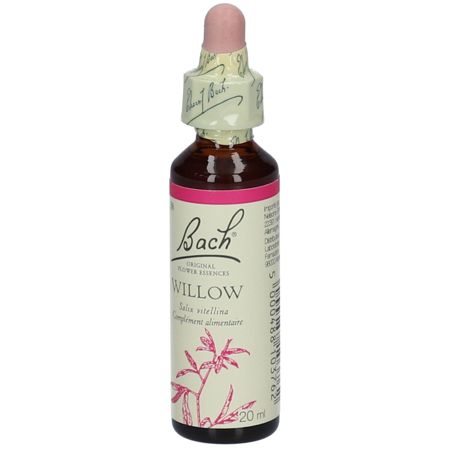 Braune Glasflasche mit rosa Etikett und Pipette. Rückseite mit Text. Bach Original Flower Essences Willow. 20ml.