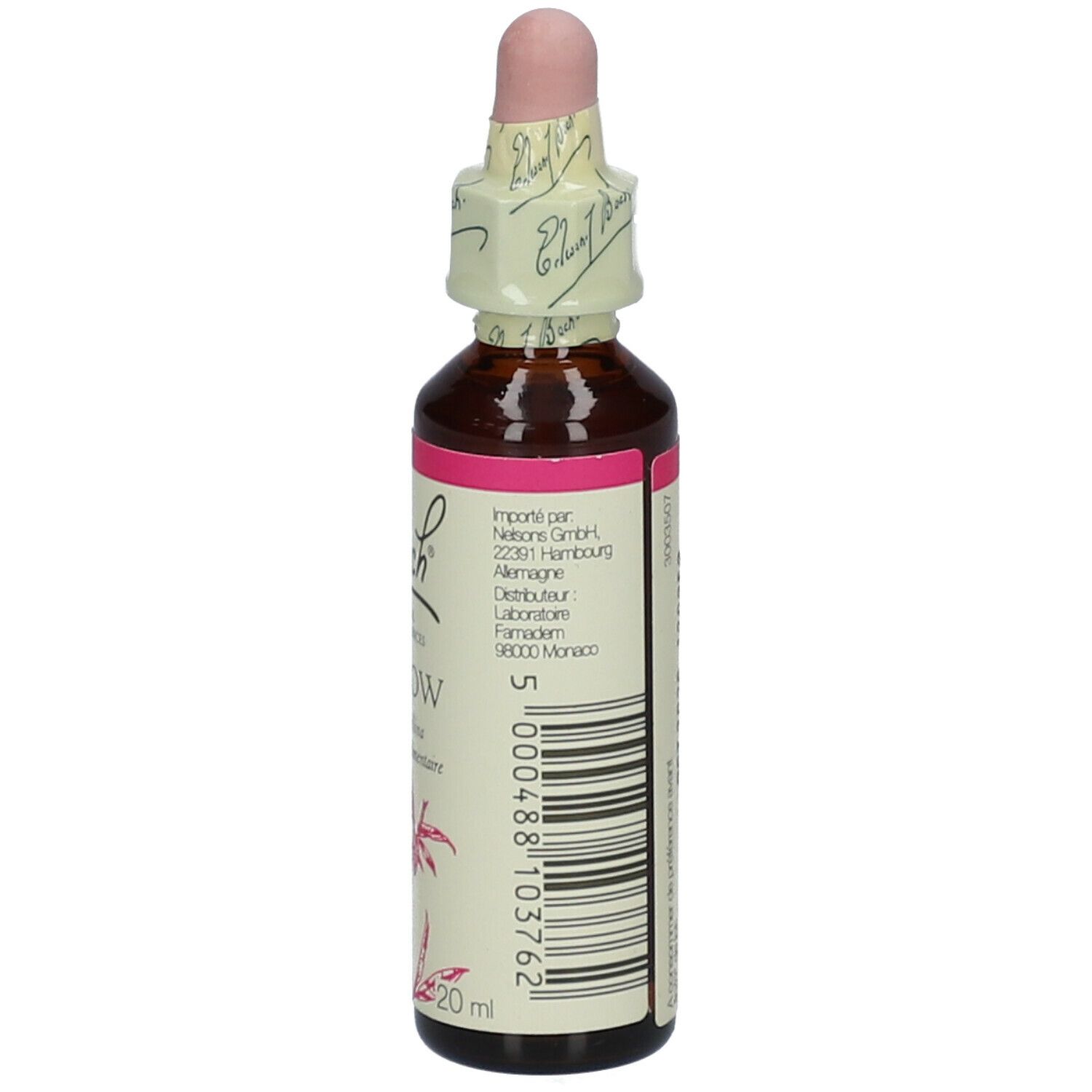 Braune Glasflasche mit rosa Etikett und Pipette. Rückseite mit Text. Bach Original Flower Essences Willow. 20ml.