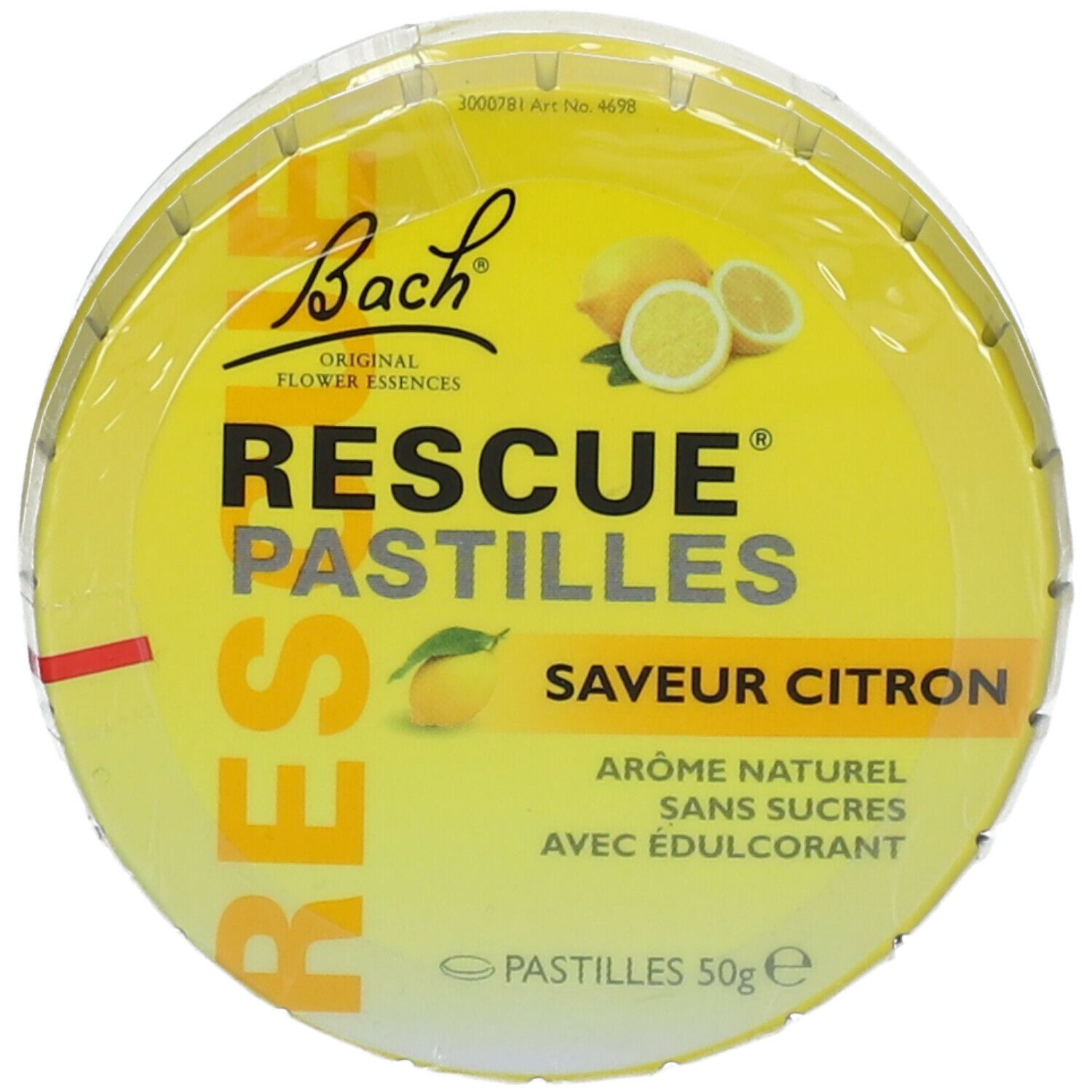 Gelbe Dose RESCUE PASTILLES Zitrone. Deckel mit Produktnamen, Zitrone und Logo.