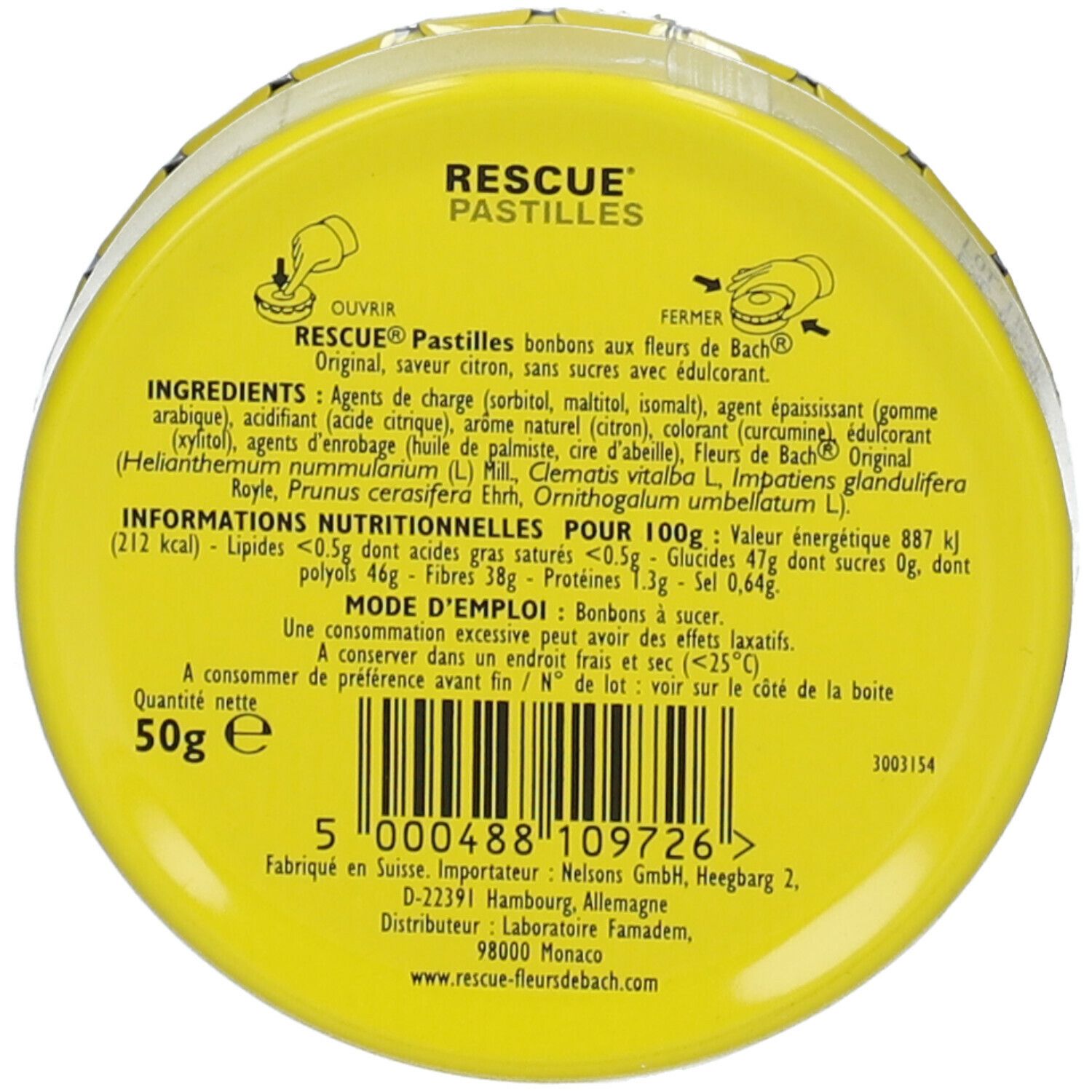 Rückseite der gelben Dose RESCUE PASTILLES Zitrone. Zutaten, Nährwerte, Gebrauchsanweisung.