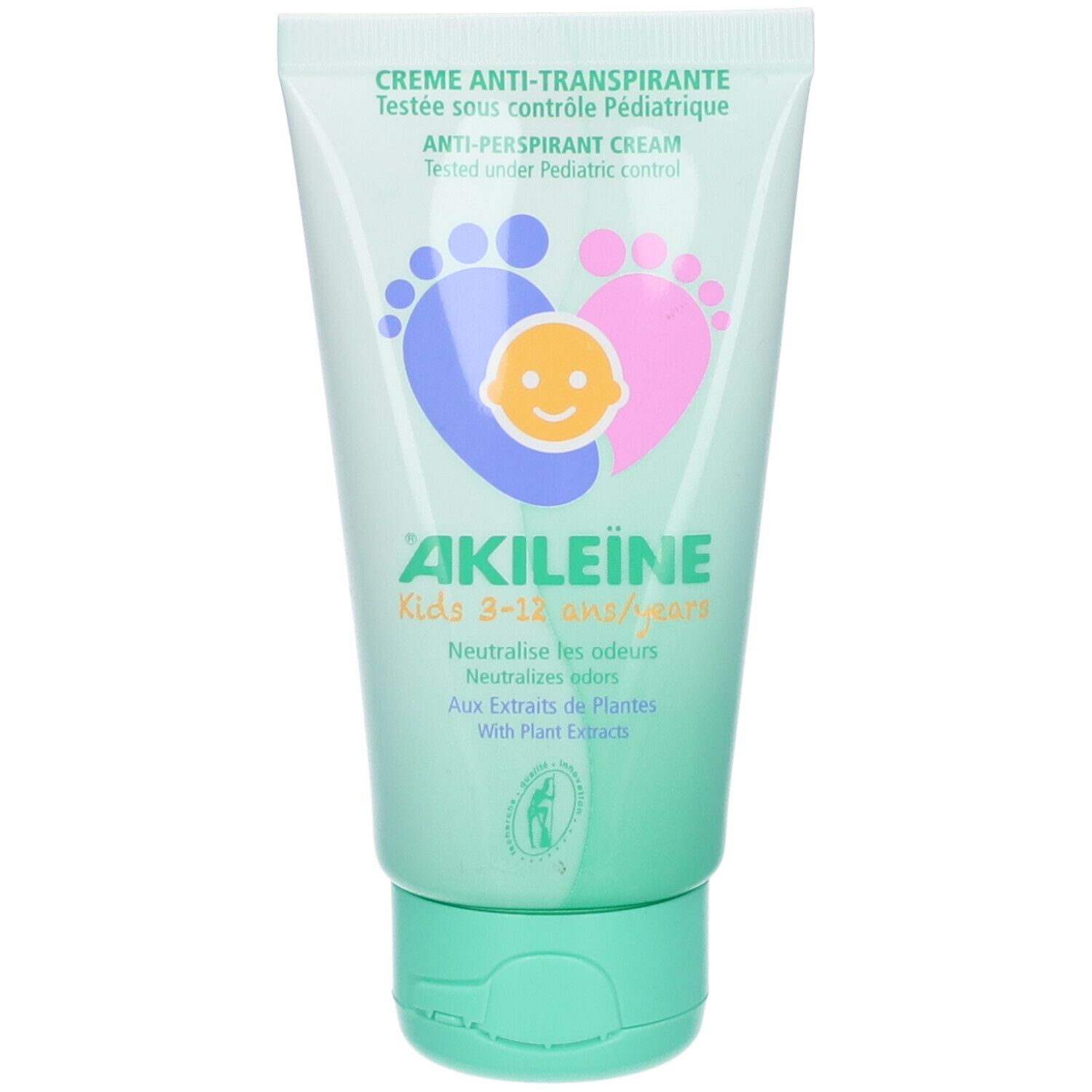 Tube de crème. Inscription: AKILEINE Kids 3-12 ans/years. Motif d'empreintes de pieds et visage de bébé.