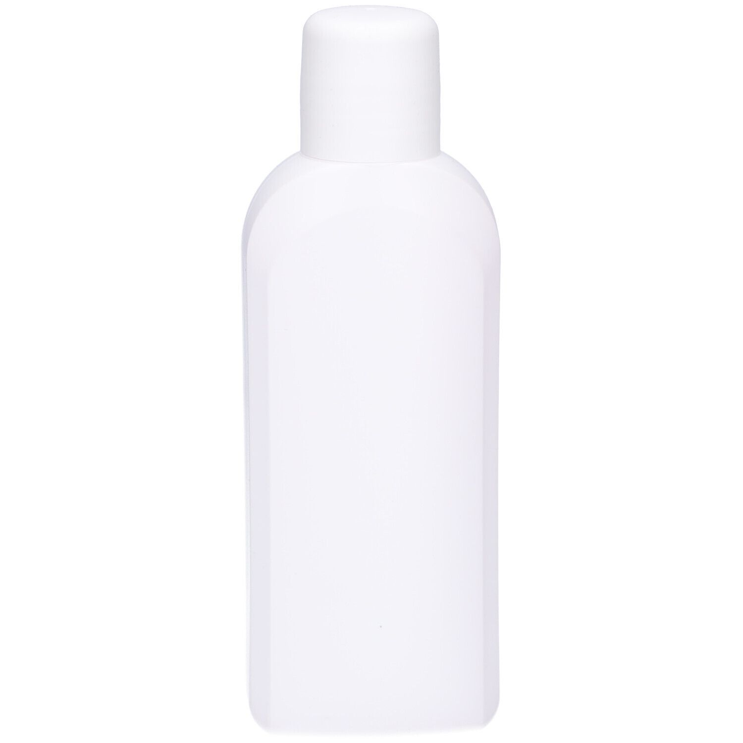 Weiße, rechteckige Flasche mit abgerundeten Ecken und weißem Deckel.