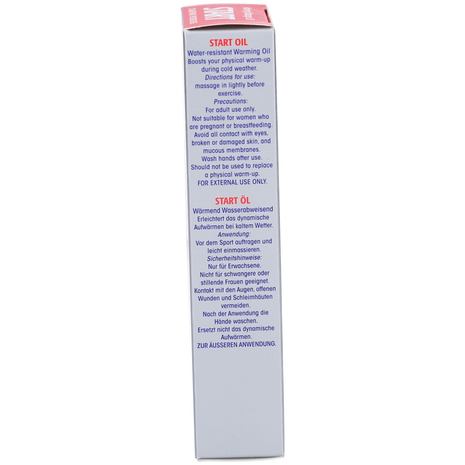 Verpackung, Seite. Text in Englisch und Deutsch. Enthält Informationen über Anwendung und Vorsichtsmaßnahmen.