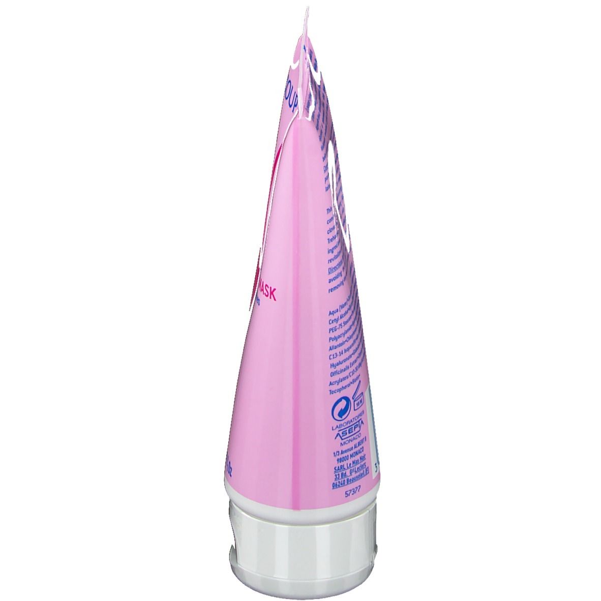 Tube rose, bouchon blanc. Texte: Akileine Coup d'Éclat Maske. Ingrédients et informations fabricant. Marquage vert et blanc.