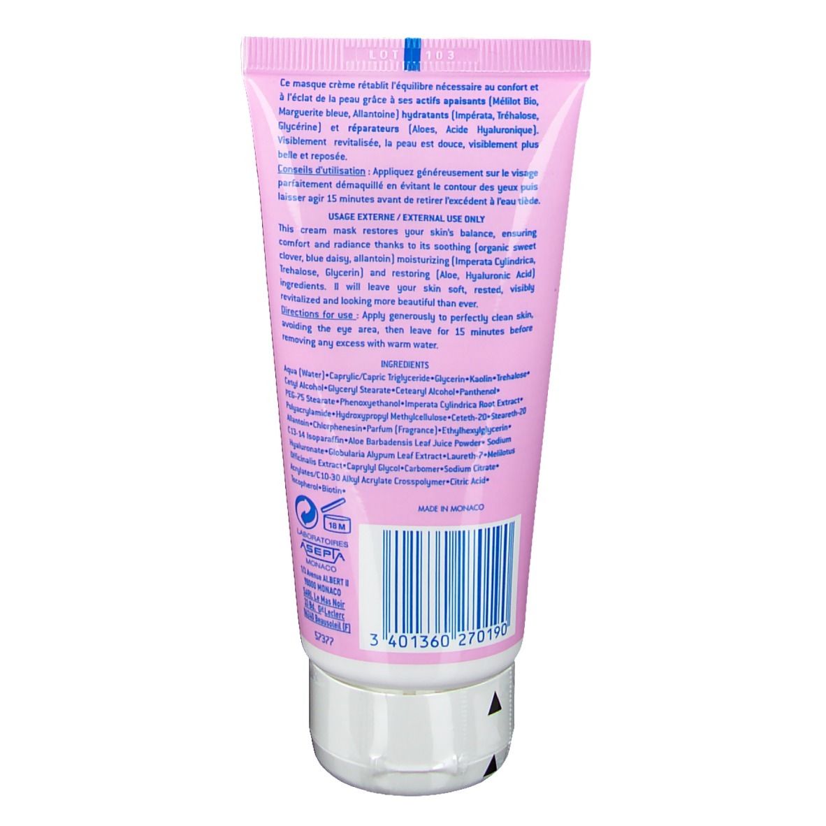 Dos du tube. Texte: Akileine Coup d'Éclat Maske. Ingrédients, mode d'emploi. Fabriqué au Maroc. Code-barres et numéro de lot.
