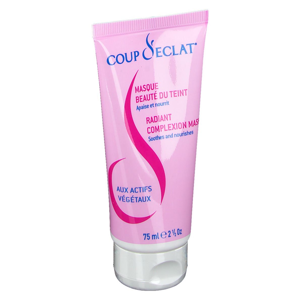 Tube rose, bouchon blanc. Texte: Coup d'Éclat Maske, Radiant Complexion Mask. 75 ml. Ligne rose incurvée.