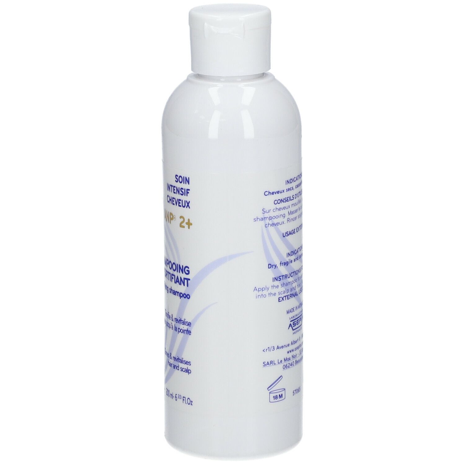 Flacon blanc avec étiquette bleue. Inscription "SOIN INTENSIF CHEVEUX".