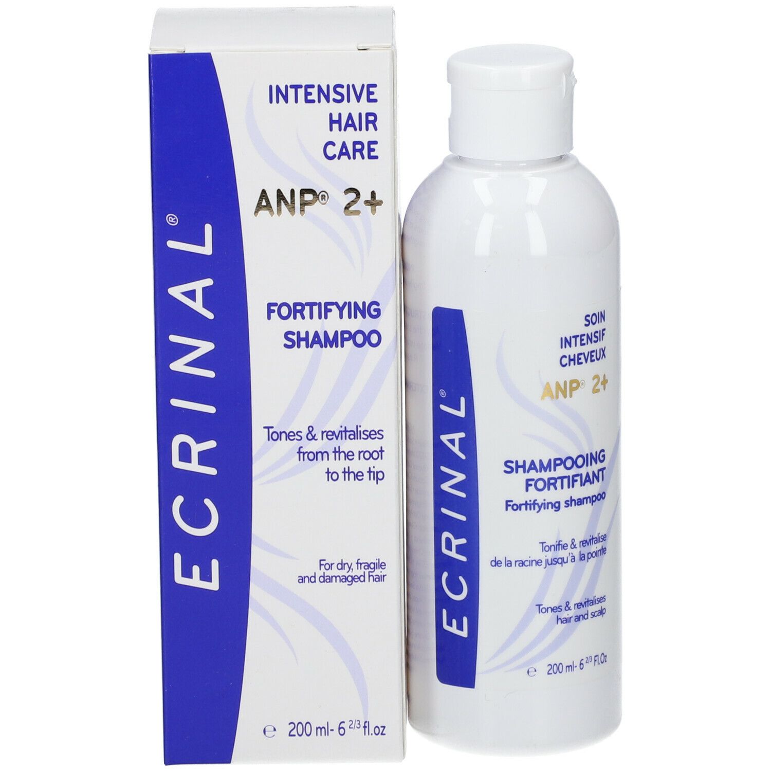 Flacon et emballage. Inscription "ECRINAL" et "SHAMPOOING FORTIFIANT".