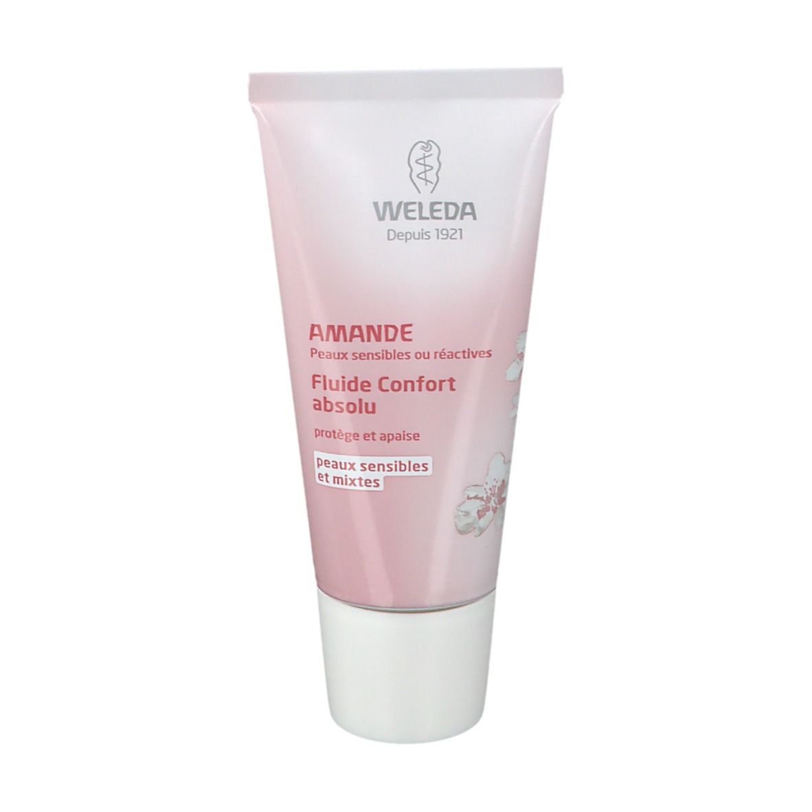 Rosa Tube mit weißem Verschluss. Aufschrift: Weleda, Amande, Fluide Confort absolu. Für empfindliche und Mischhaut.
