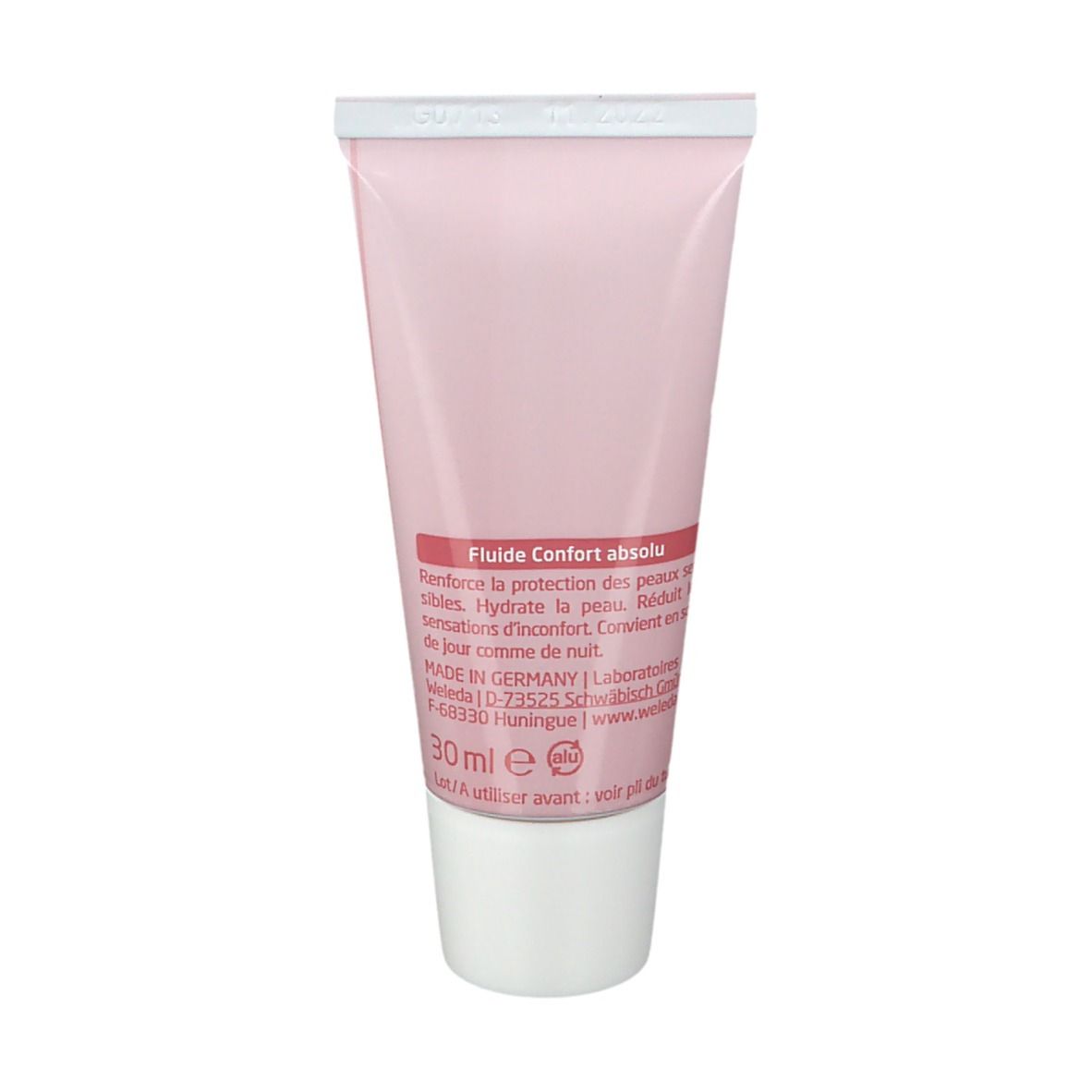 Rückseite der Tube. Text: Fluide Confort absolu. 30 ml. Hergestellt in Deutschland. Haltbarkeitsdatum.