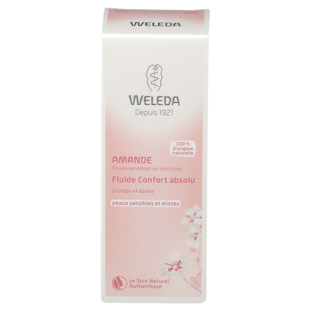 Kartonverpackung. Aufschrift: Weleda, Amande, Fluide Confort absolu. Für empfindliche Haut. 100% natürliche Inhaltsstoffe.