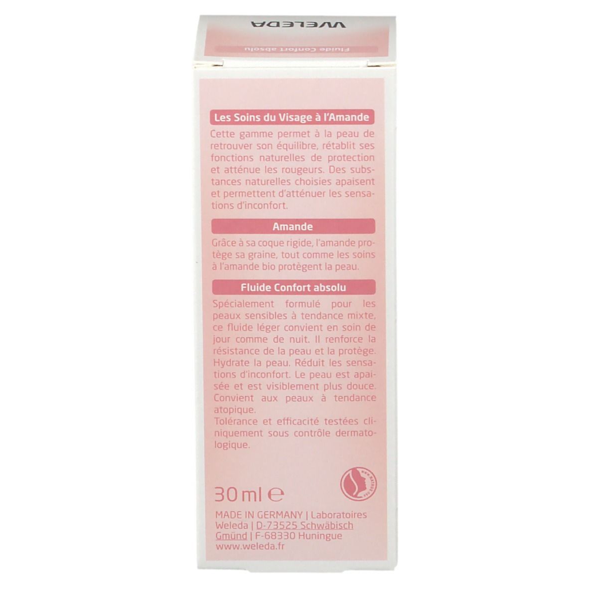 Kartonverpackung. Text: Gesichtspflege mit Mandel. Fluide Confort absolu. 30 ml. Dermatologisch getestet.