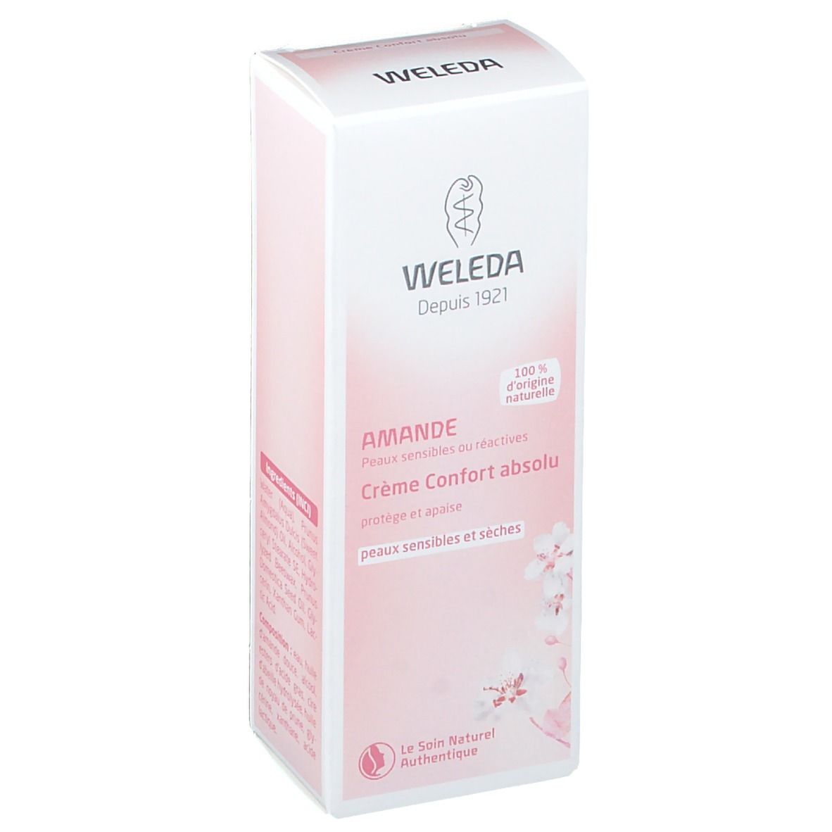 Weleda Mandel-Absolut-Komfort-Creme, Verpackung. Weiß-rosa Karton mit Produktnamen und Logo. Text: Crème Confort absolu, peaux sensibles et sèches.