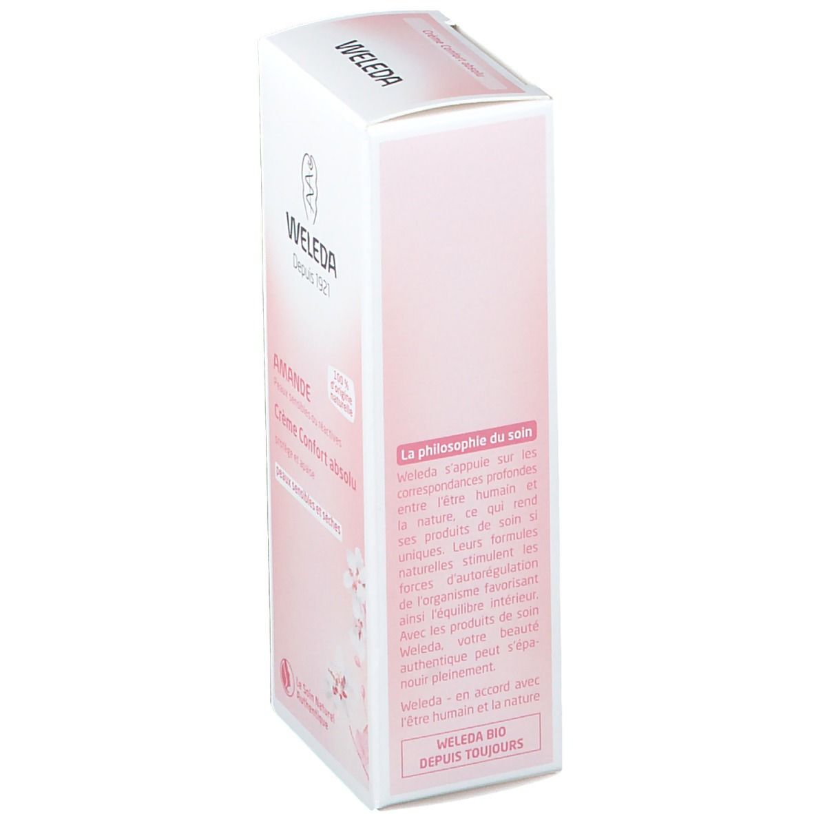 Weleda Mandel-Absolut-Komfort-Creme, Verpackung. Seitenansicht des Kartons. Text: La philosophie du soin, Weleda Bio, Depuis toujours.