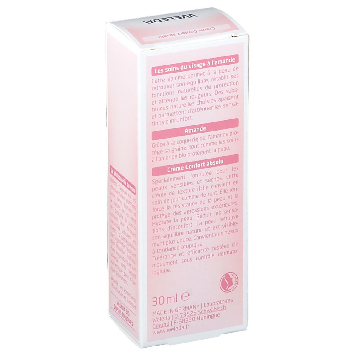 Weleda Mandel-Absolut-Komfort-Creme, Verpackung. Rückseite des Kartons. Text: Crème Confort absolu, 30 ml, Made in Germany.
