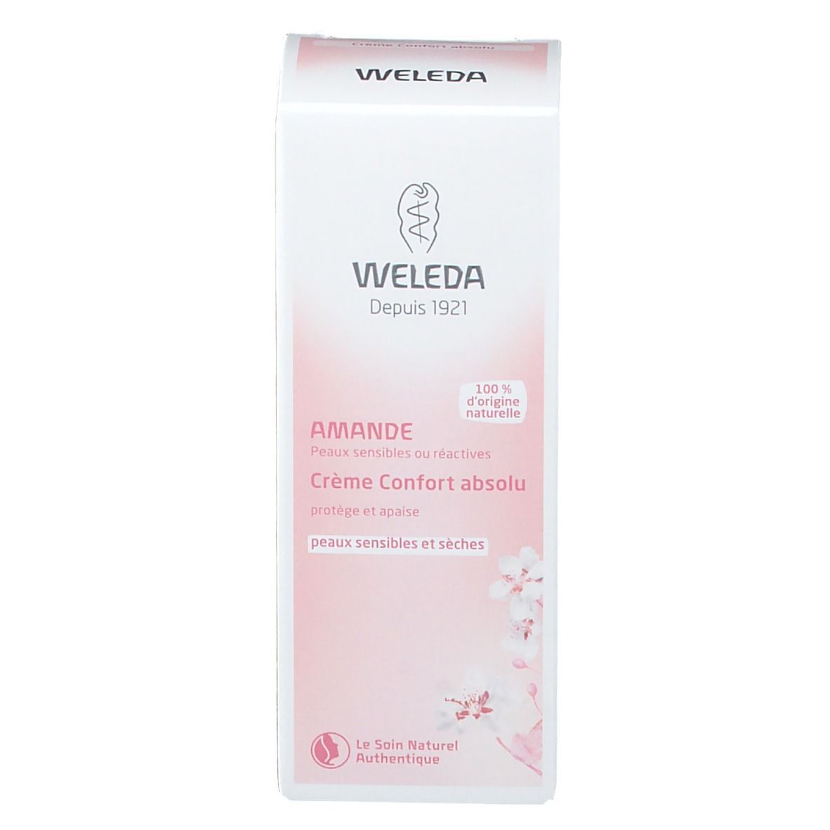 Weleda Mandel-Absolut-Komfort-Creme, Verpackung. Vorderansicht des Kartons. Text: Crème Confort absolu, peaux sensibles et sèches.