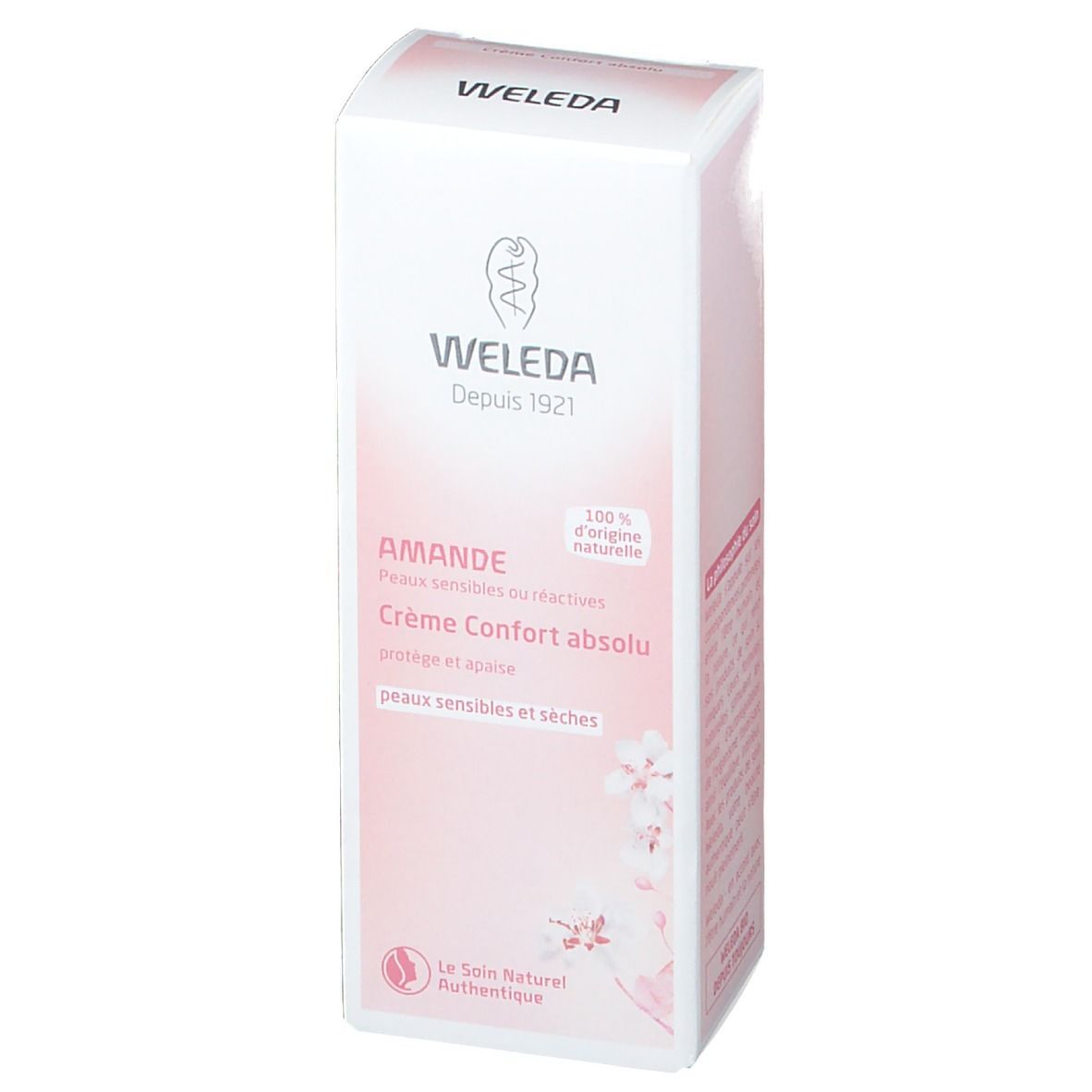 Weleda Mandel-Absolut-Komfort-Creme, Verpackung. Ansicht des Kartons. Text: Crème Confort absolu, peaux sensibles et sèches.