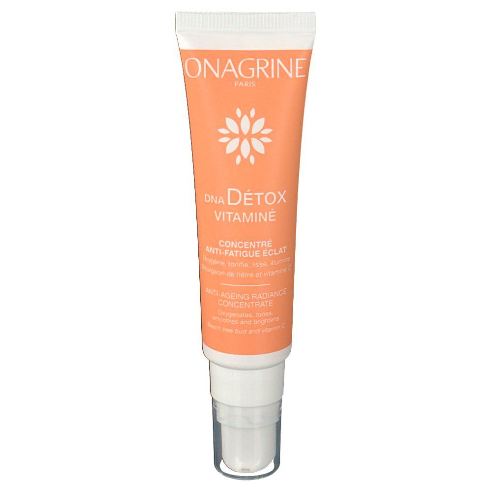 Orange Tube mit weißem Verschluss. Aufschrift: Onagrine, DNA Detox Vitamine, Anti-Fatigue Eclat.