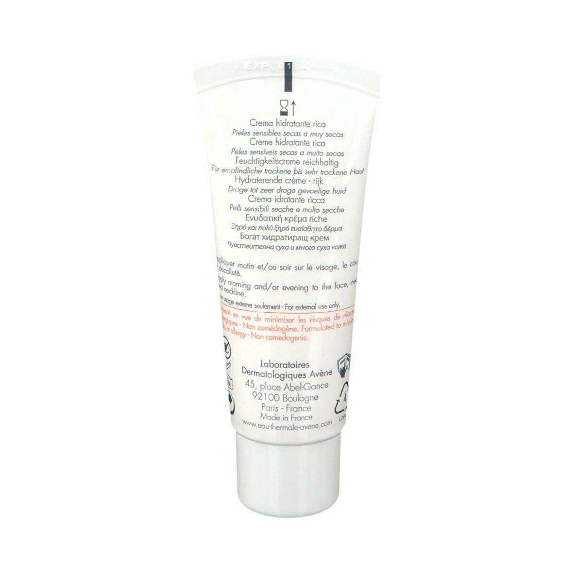 Dos du tube blanc Avene Hydrance. Texte multilingue. Informations d'utilisation et ingrédients.