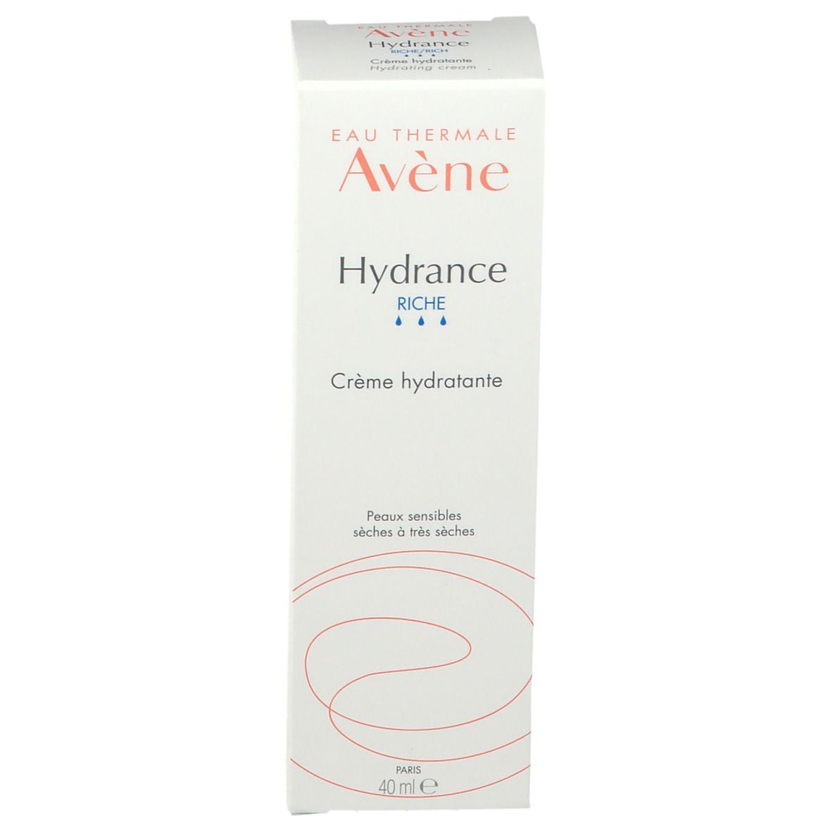 Boîte blanche Avene Hydrance Rich. Crème hydratante pour peaux sèches à très sèches. Contenance : 40 ml.
