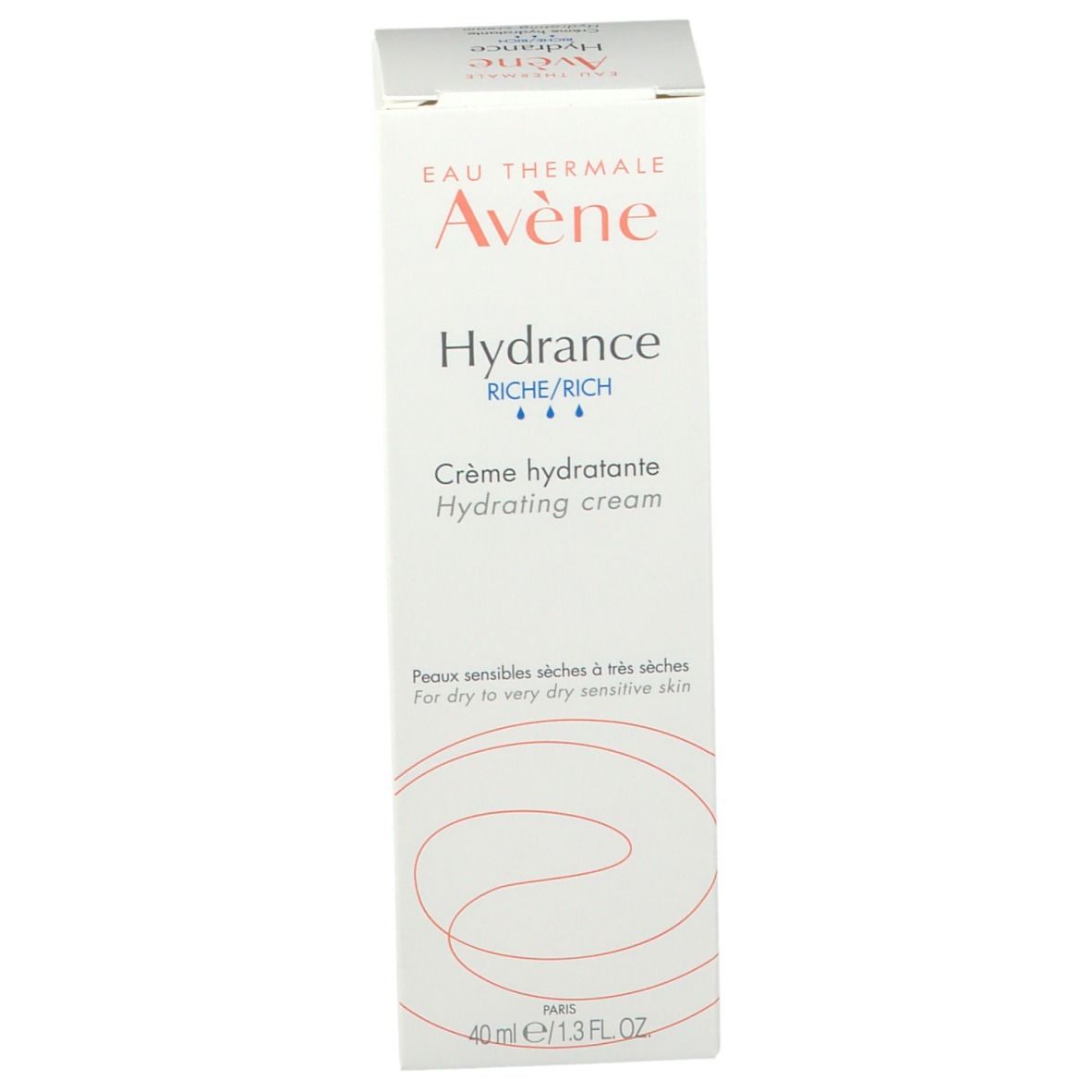 Boîte blanche Avene Hydrance Rich. Crème hydratante pour peaux sèches à très sèches. Contenance : 40 ml.