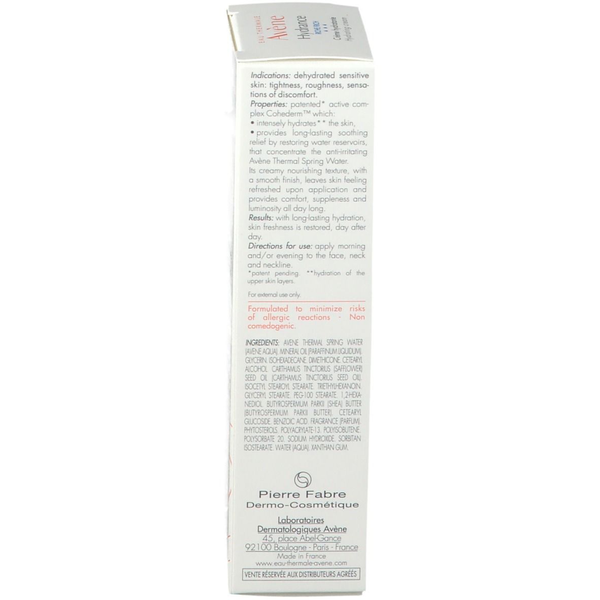 Côté de la boîte Avene Hydrance Rich. Texte : informations produit, ingrédients et instructions d'utilisation.