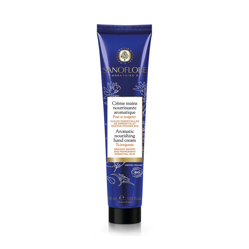 Blaue Tube. Sanoflore Handcreme. Vorderseite mit Produktnamen und Zertifizierungen. 30 ml.