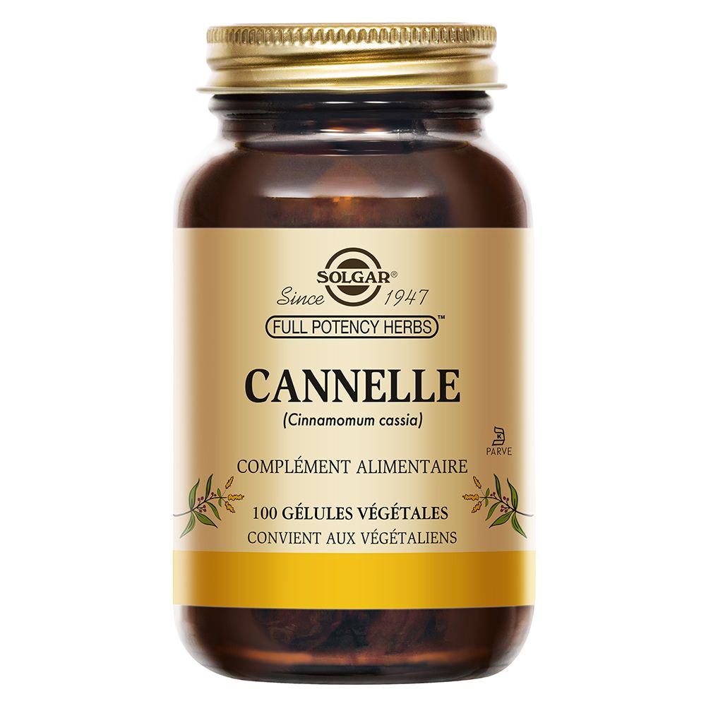 Braune Glasflasche mit goldfarbenem Deckel. Etikett mit SOLGAR, CANNELLE, 100 Kapseln. Für Veganer geeignet.
