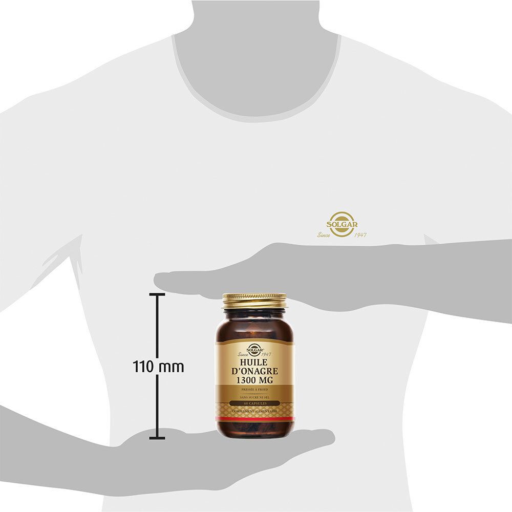 Person hält Flasche. 110 mm Messung. Etikett: SOLGAR, HUILE D'ONAGRE 1300 MG.