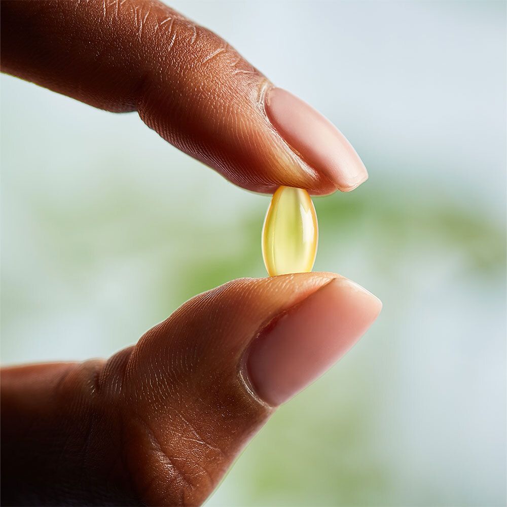 Gelbe Softgel-Kapsel zwischen Fingern gehalten.