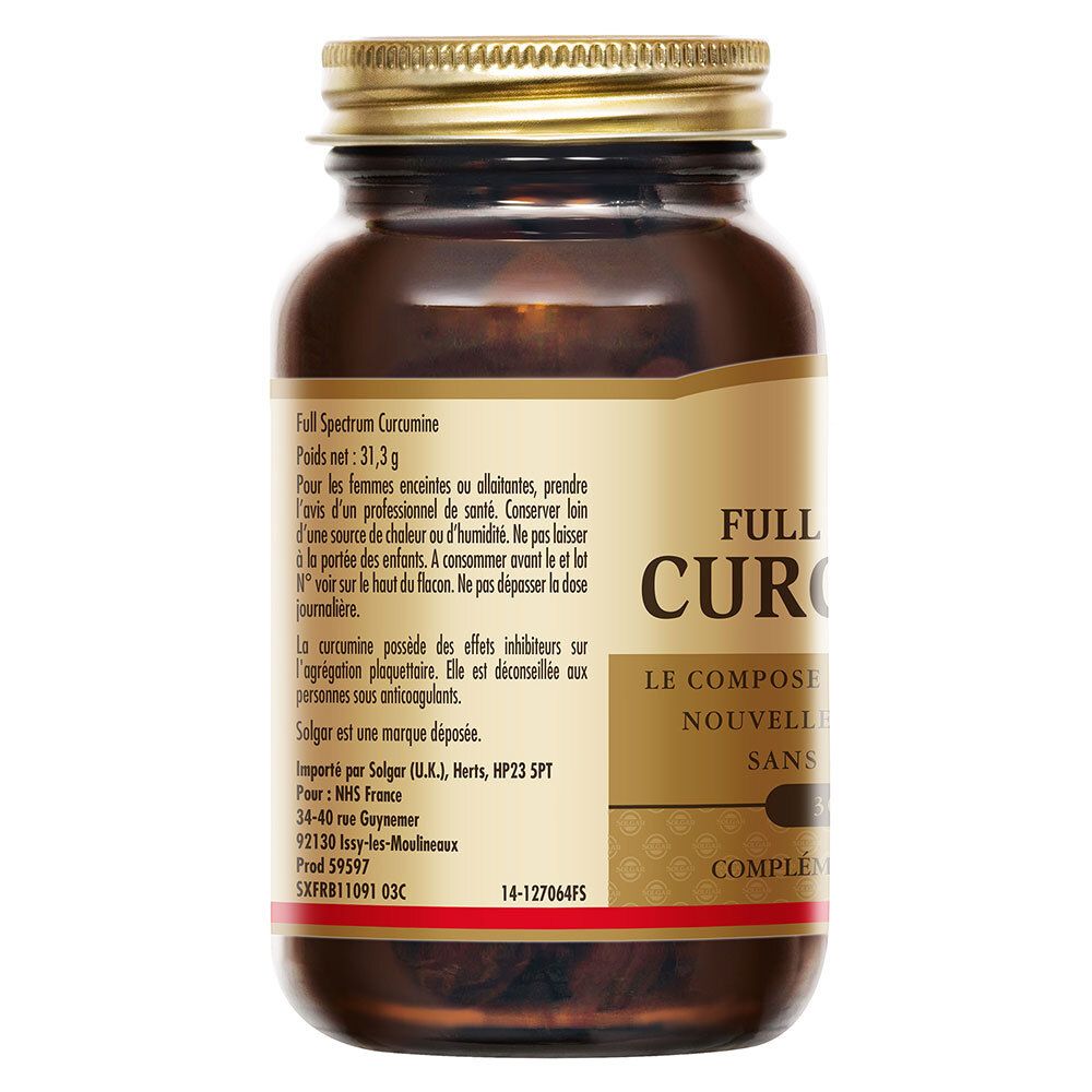 Dos du flacon. Étiquette avec textes, dont 'Full Spectrum Curcumine' et 'Poids net: 31,3g'.