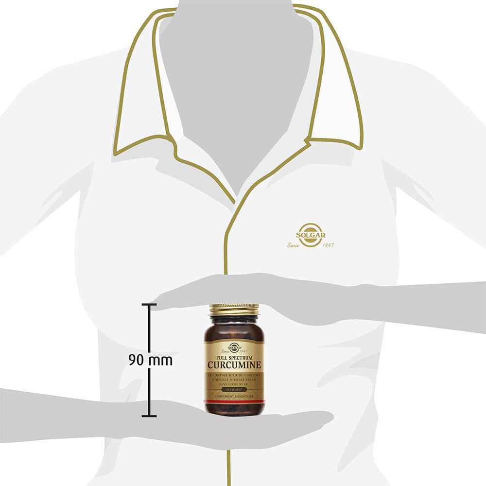 Personne tenant un flacon. Mesure de 90 mm à côté du flacon. Inscription 'Full Spectrum Curcumine'.