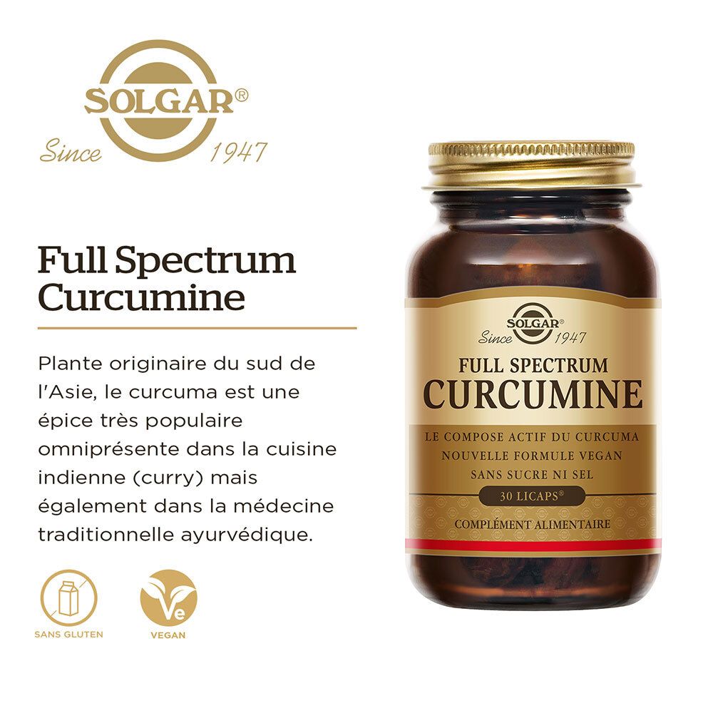 Flacon avec étiquette. Logo SOLGAR et inscription 'Full Spectrum Curcumine'. Sceau végétalien.