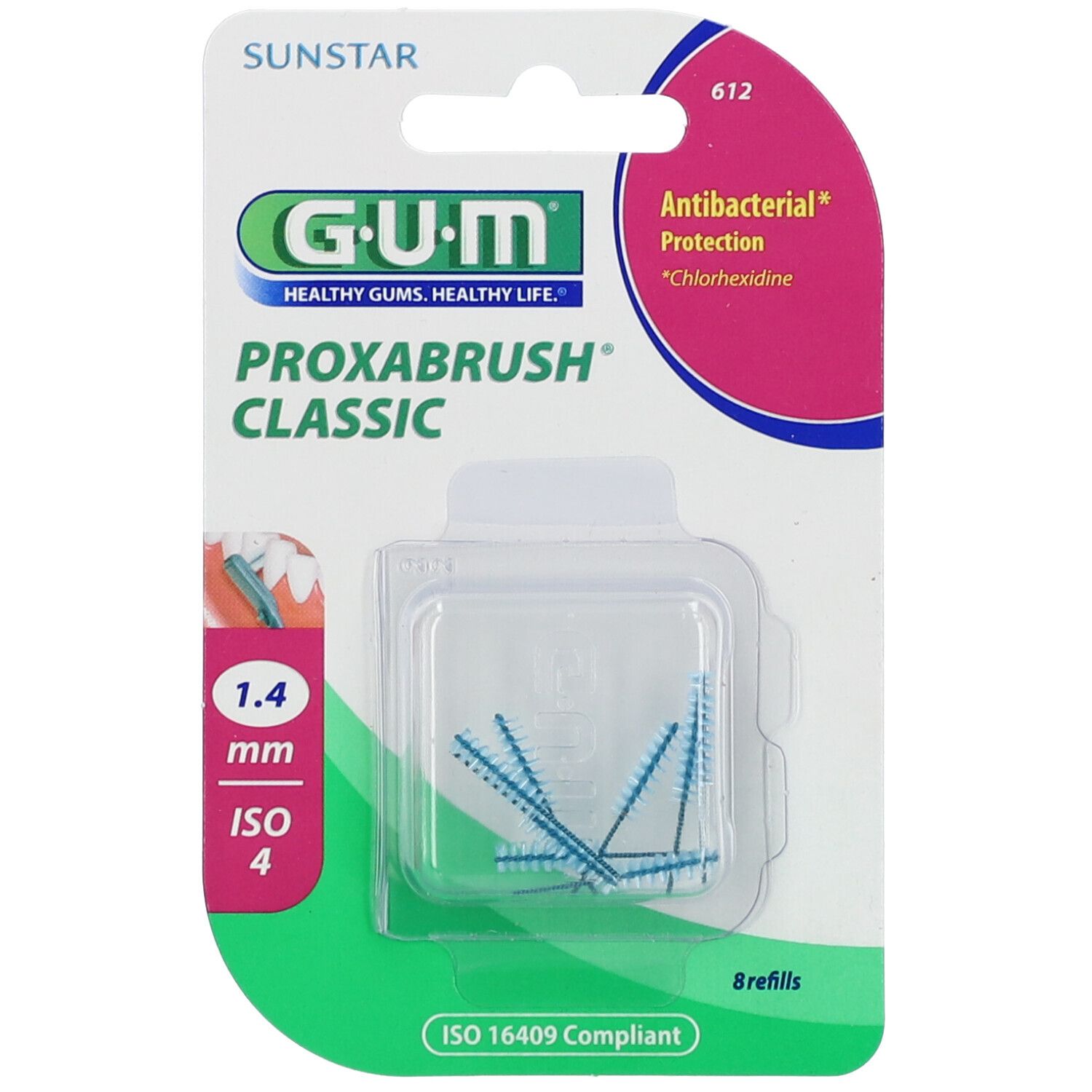 Recharges GUM Proxabrush Classic. Brossettes interdentaires cylindriques, 1,4 mm, rose. Paquet de 8 recharges.
