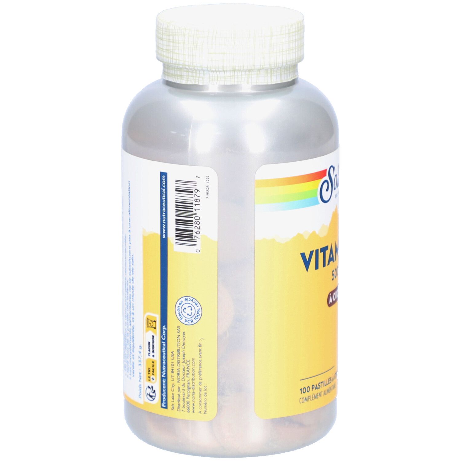 Dos du flacon. Étiquette avec informations, code-barres et coordonnées du fabricant. Fond jaune.