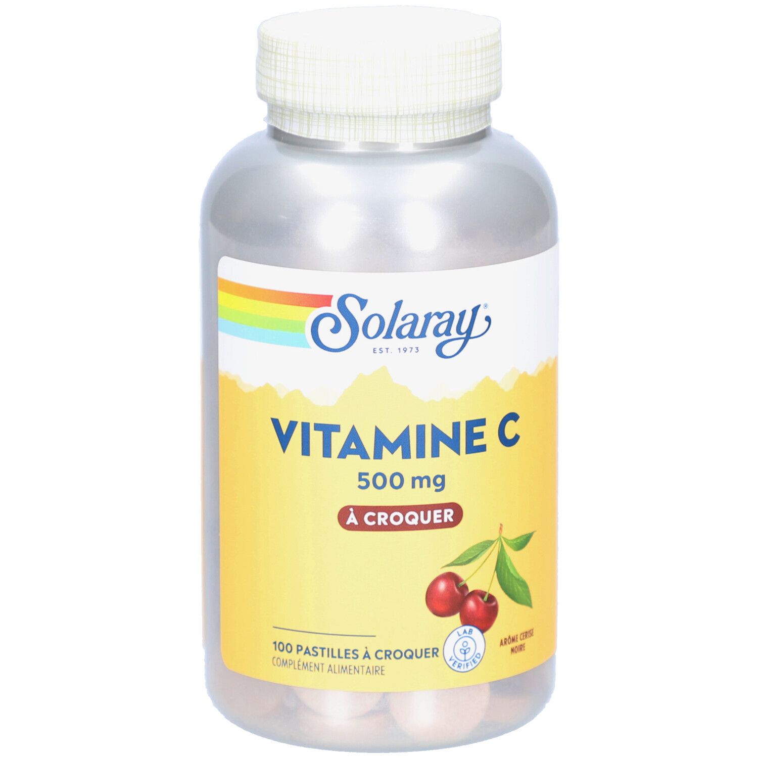 Flacon transparent avec bouchon blanc. Étiquette "SOLARAY Vitamine C 500 mg A Croquer". Illustration de cerises.