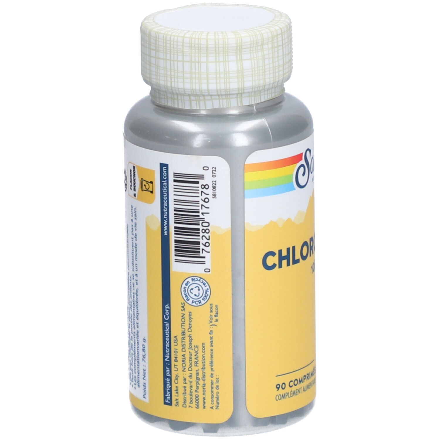 Dos du flacon. Inscriptions avec informations et code-barres. Informations fabricant.