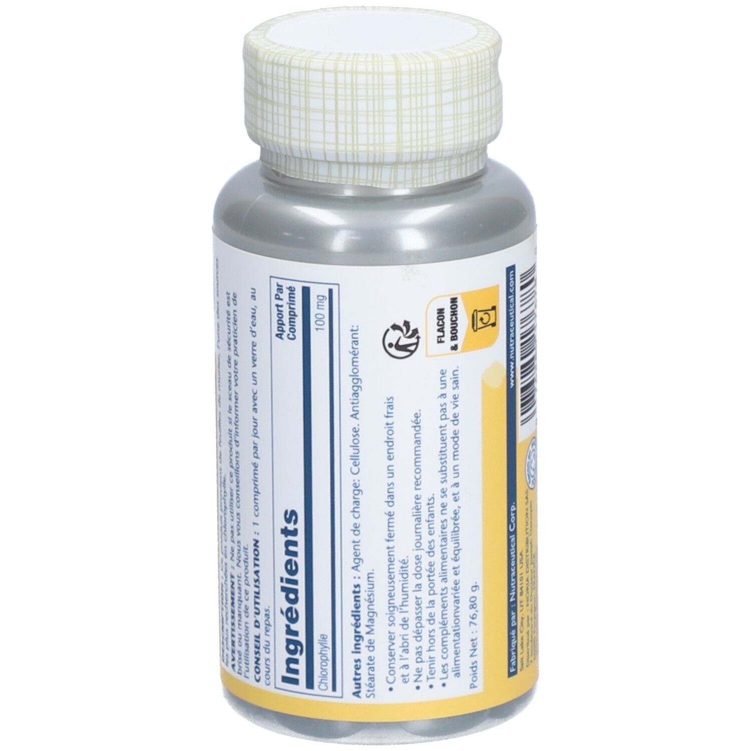 Dos du flacon. Liste des ingrédients: Chlorophylle, cellulose, antiagglomérant. Dosage.