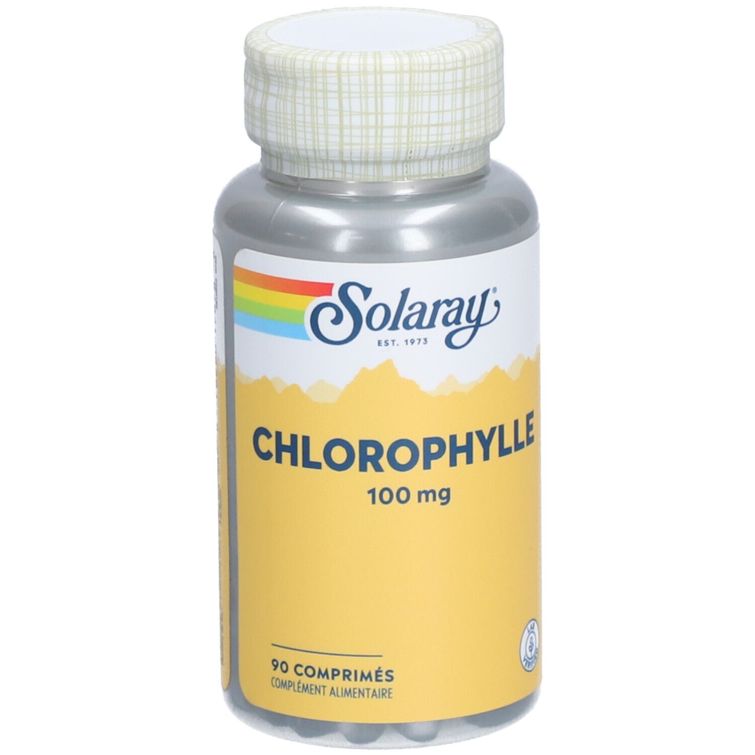 Flacon argenté, bouchon blanc. Inscription: Solaray Chlorophylle 100 mg. 90 comprimés.
