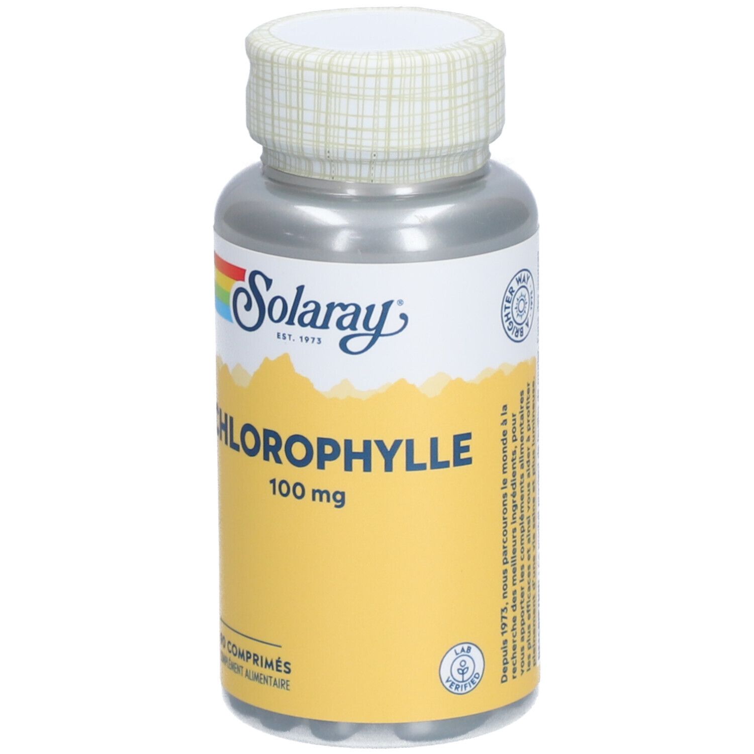 Flacon argenté, bouchon blanc. Inscription: Solaray Chlorophylle 100 mg. 90 comprimés.