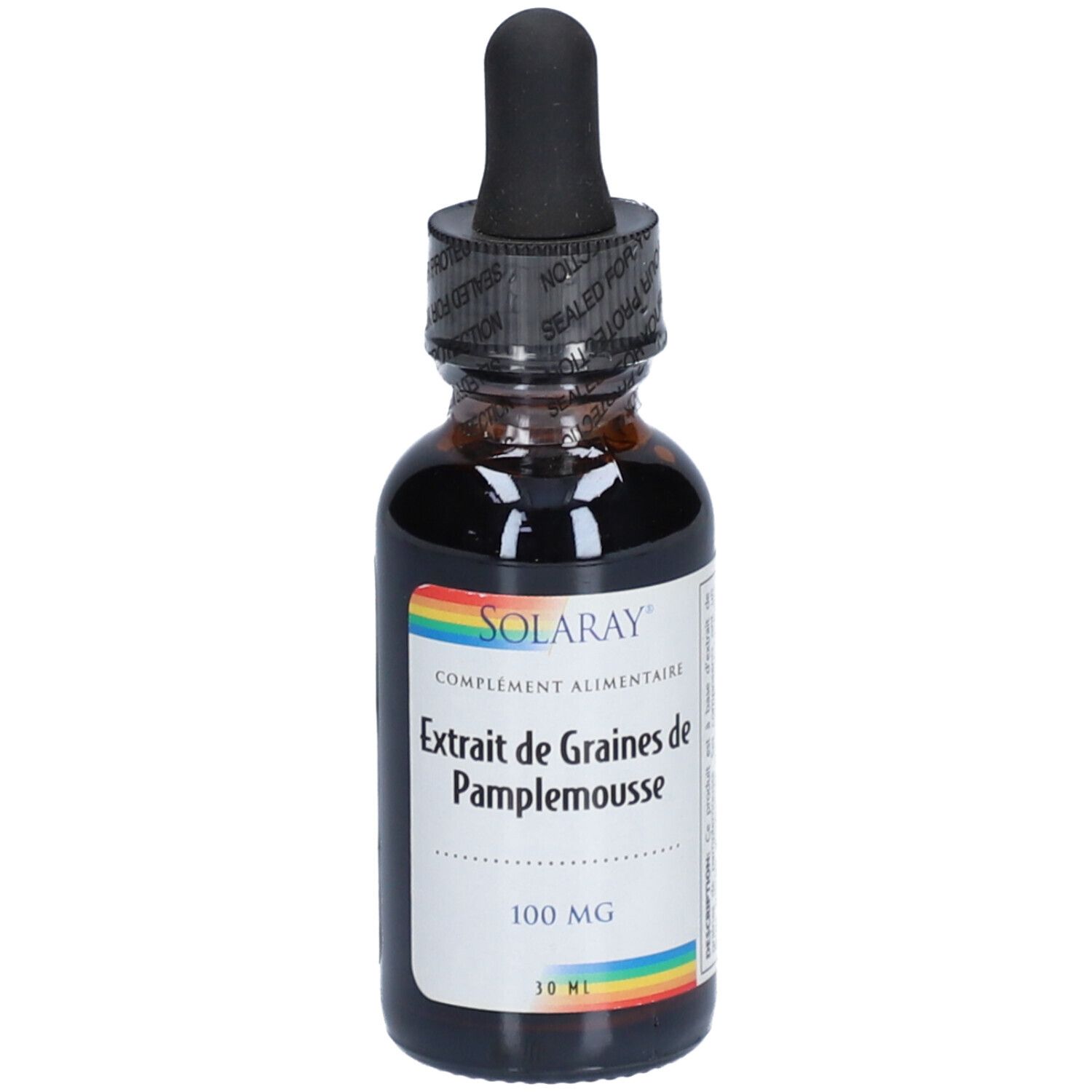 Braune Glasflasche mit schwarzem Verschluss und Pipette. Aufschrift: SOLARAY, Extrait de Graines de Pamplemousse, 100 mg, 30 ml.