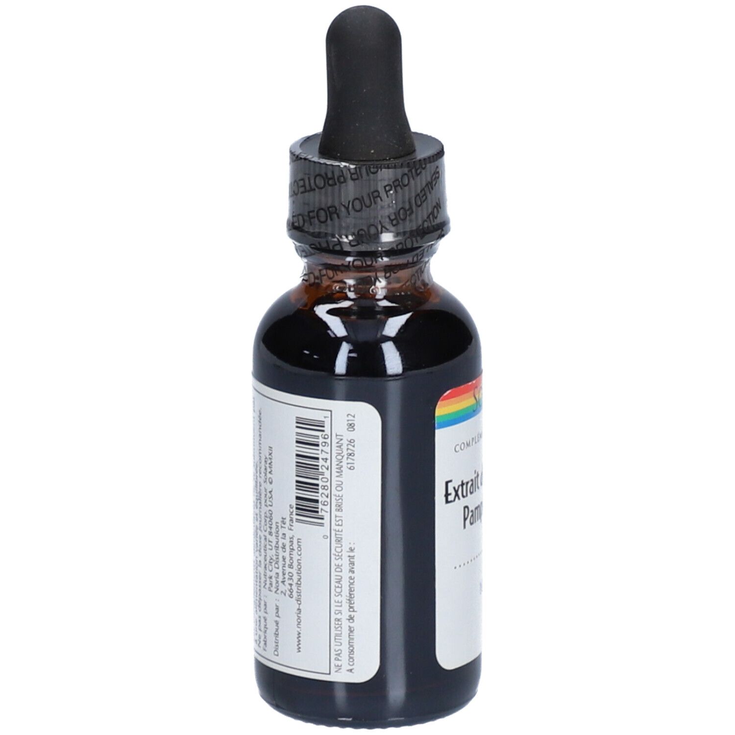 Braune Glasflasche mit schwarzem Verschluss und Pipette. Aufschrift: SOLARAY. Etikett mit Informationen. Siegel auf dem Verschluss.