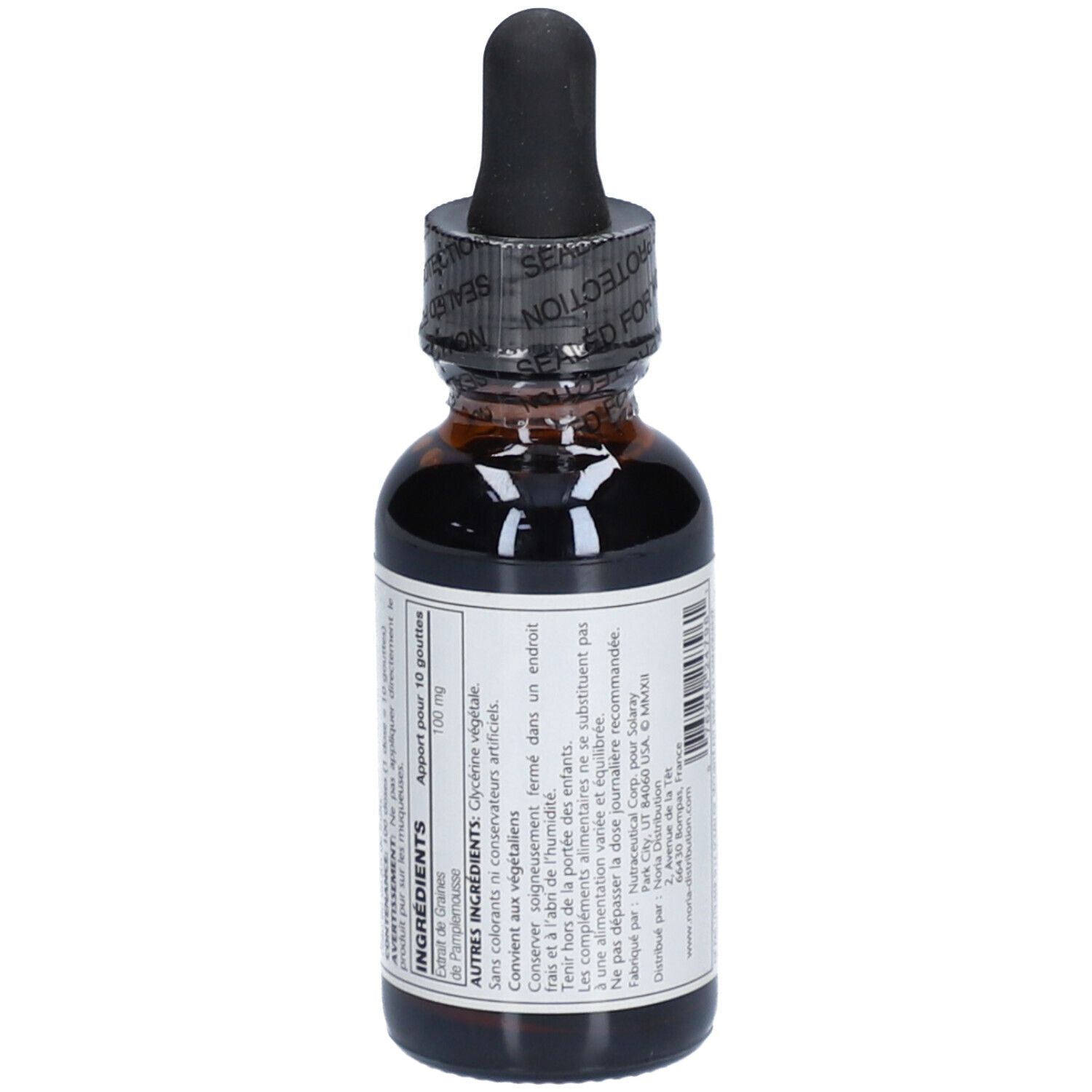 Braune Glasflasche mit schwarzem Verschluss und Pipette. Etikett mit Inhaltsstoffen und Informationen. Siegel auf dem Verschluss.