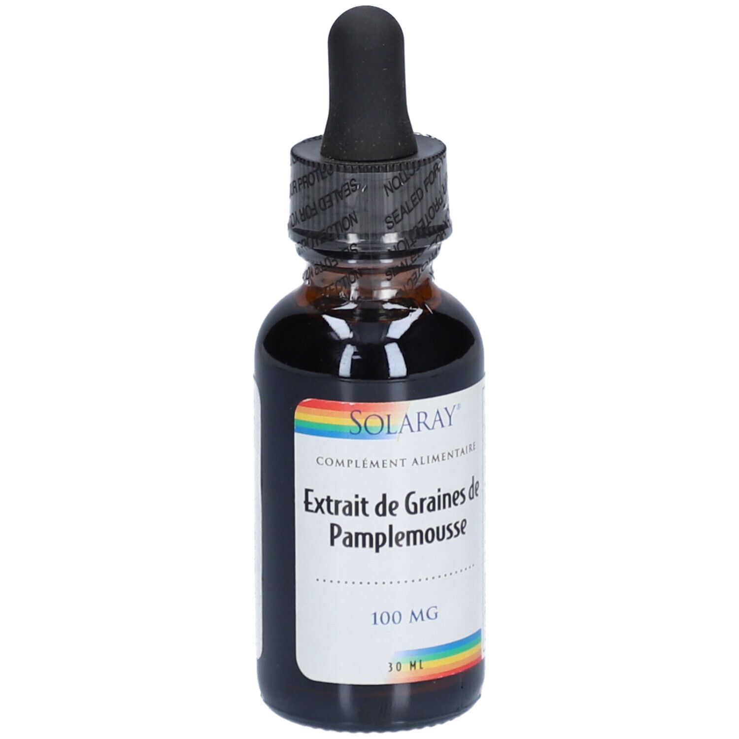 Braune Glasflasche mit schwarzem Verschluss und Pipette. Aufschrift: SOLARAY, Extrait de Graines de Pamplemousse, 100 mg, 30 ml.
