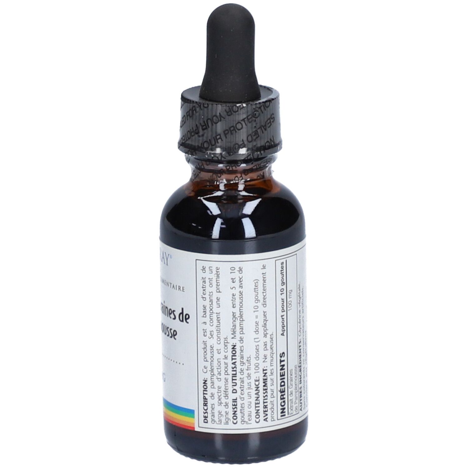 Braune Glasflasche mit schwarzem Verschluss und Pipette. Etikett mit Informationen und Inhaltsstoffen. Siegel auf dem Verschluss.