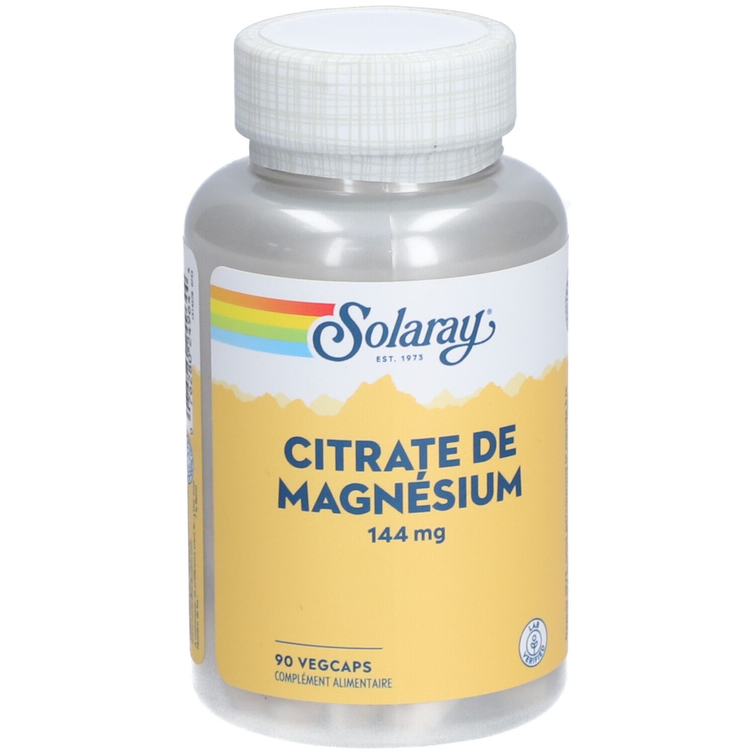 Flacon cylindrique à bouchon blanc. Inscription: Solaray, Citrate de Magnésium, 144 mg, 90 Vegcaps. Fond jaune.