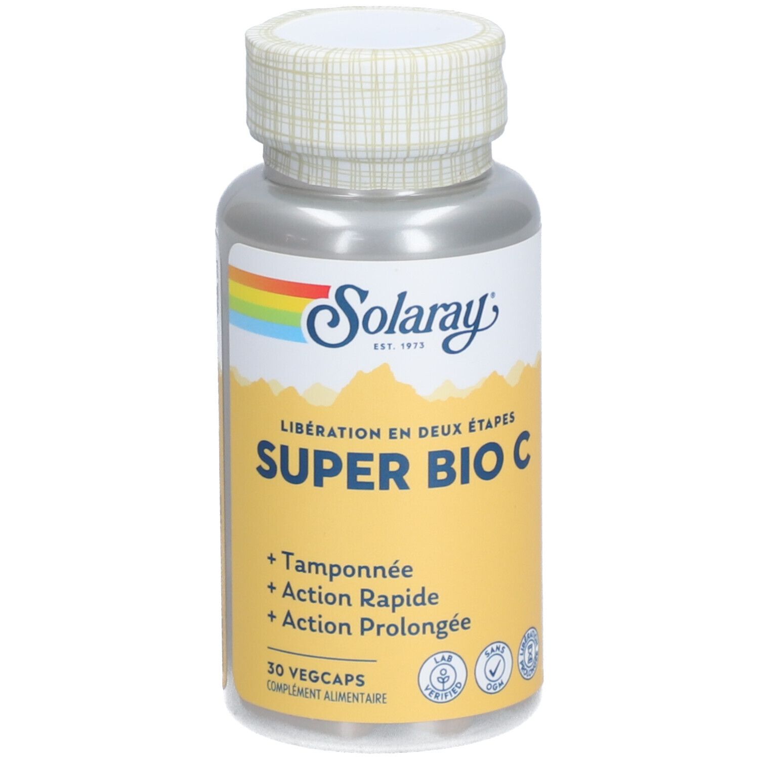 Zylindrische Flasche mit Kapseln. Aufschrift: SUPER BIO C, 30 Vegcaps. Marke: Solaray.