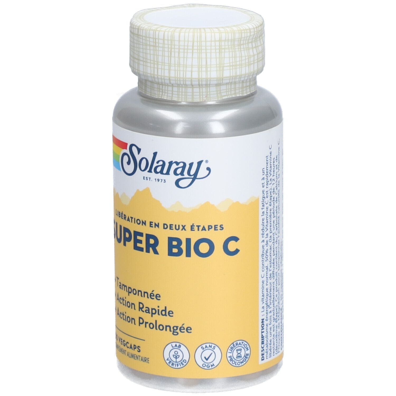 Zylindrische Flasche mit Kapseln. Aufschrift: SUPER BIO C, 30 Vegcaps. Marke: Solaray.