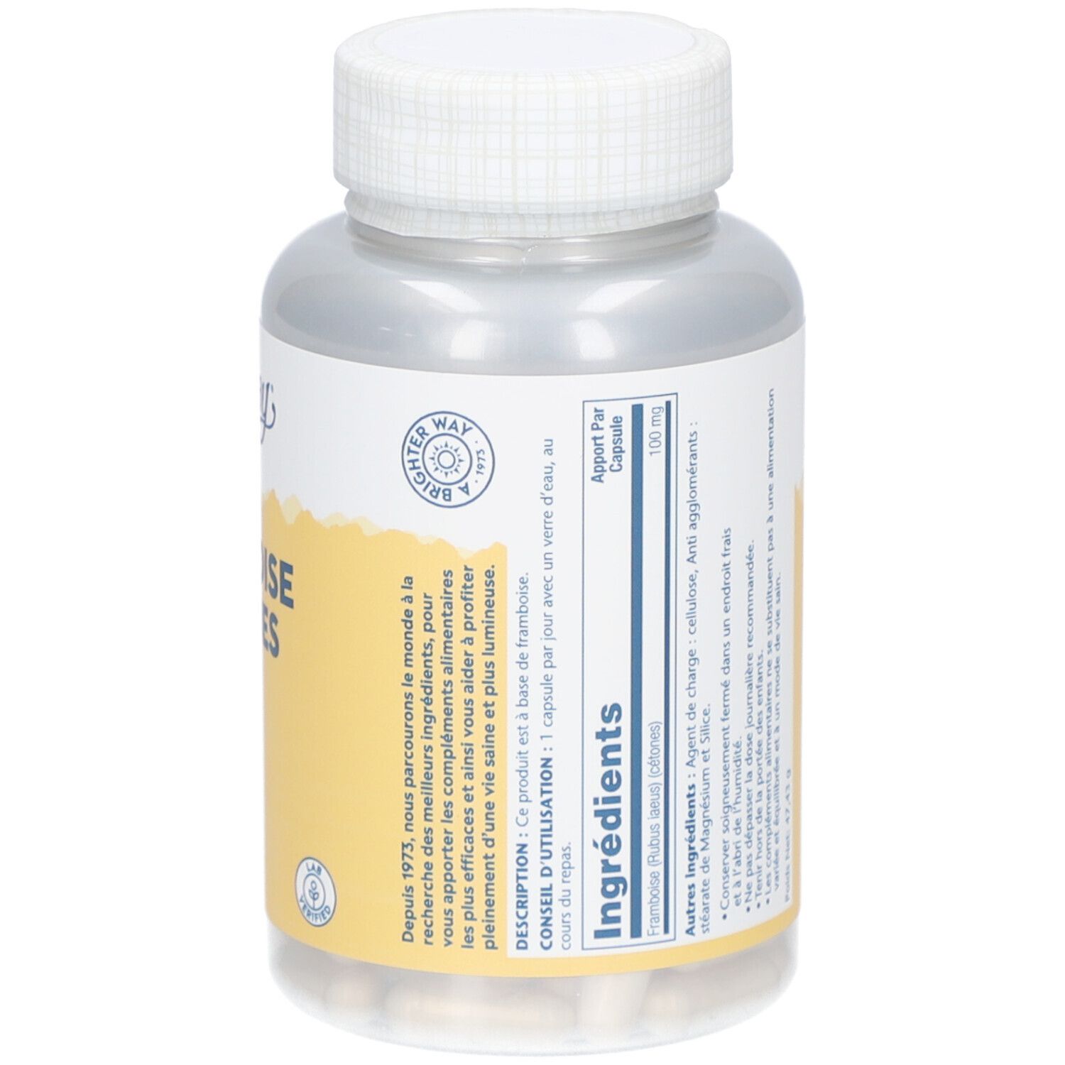 Rückseite der Flasche mit Informationen. Aufschrift: Inhaltsstoffe, Verzehrempfehlung, Nettogewicht 47,41 g.